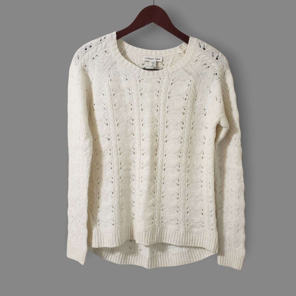 Coldwater Creek Pointelle Cable Knit Sweater Cream Sz M Wool‎ Cashmere Blend